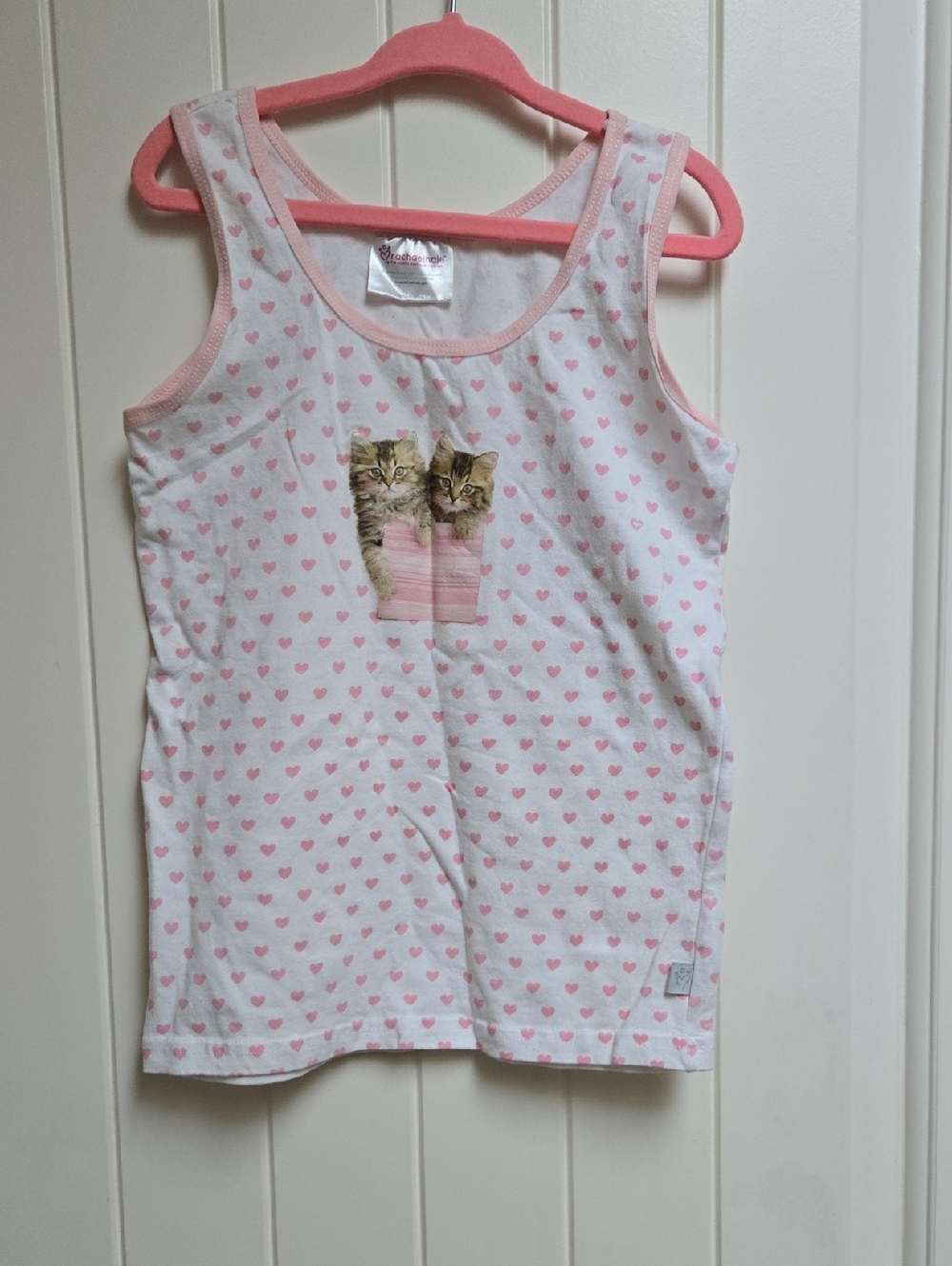 Rachael Hale Girls' White & Pink Cotton Heart Tank Top with Kitten Graphic Small